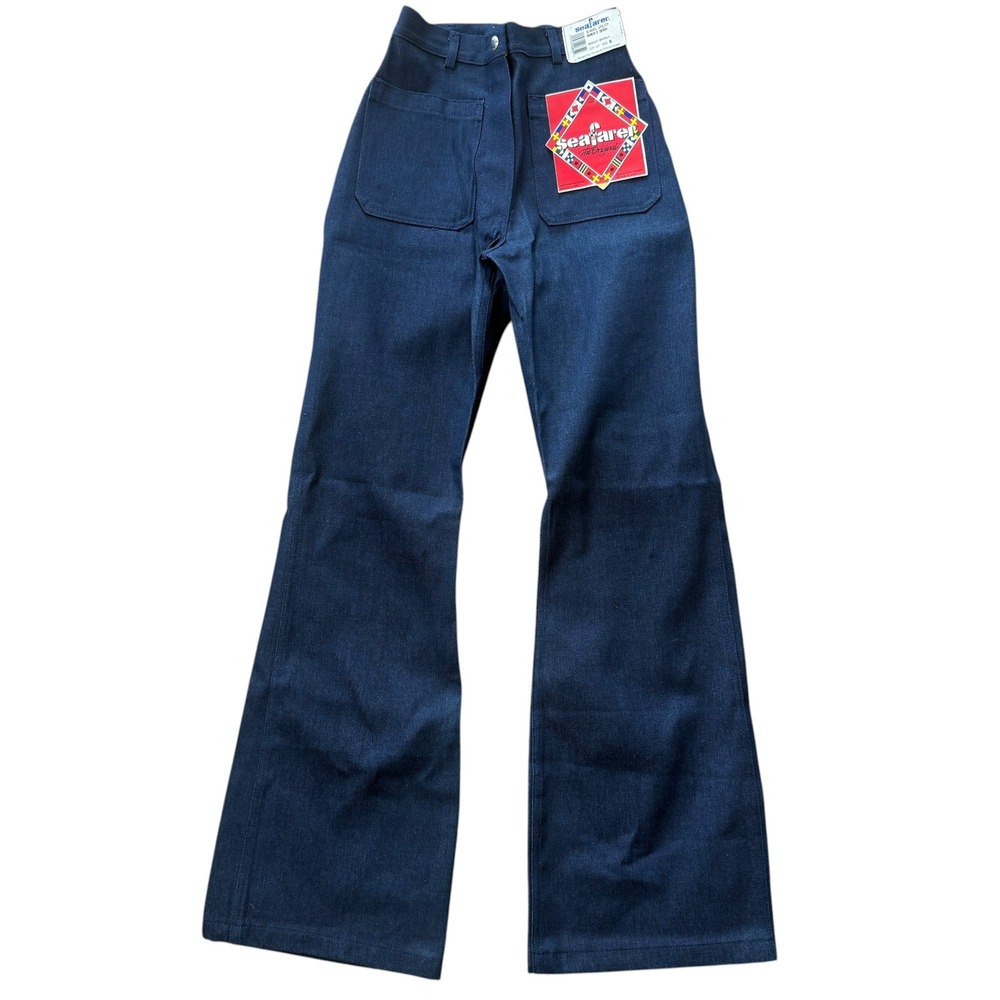 70s vintage Seafarer Slacks Utility Denim Jeans Bell Bottom Flare 8L Navy 26x33